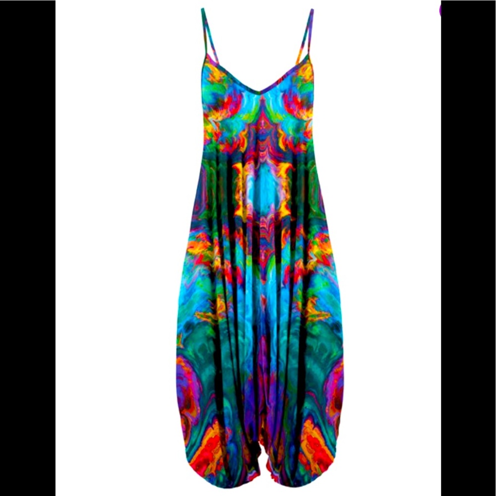 Turquoise and red abstract jumpsuit.